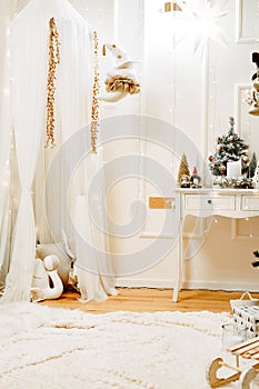 Stylish christmas living room interior with curved furniture,