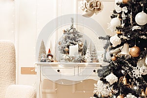 Stylish christmas living room interior with curved furniture, christmas tree and wreath, stars