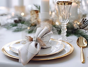Stylish christmas table setting with festive new year decor. Christmas and New Year background with plates, champagne glasses