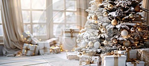 Stylish christmas tree with golden baubles and gifts on white background, festive holiday ambiance