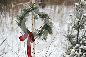 Stylish Christmas wreath on tree in snowy winter park. Simple xmas wreath with pine branches and red bow hanging outdoors. Rustic