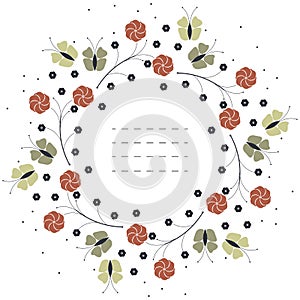 Stylish circle frame with red flowers and green butterflies isolated on white background
