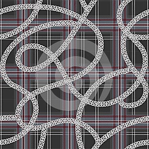 Stylish classic grey abd red tartan check with silver chain on top seamless pattern in vector