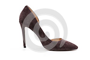 Stylish classic suede women`s leather shoes with medium high heels on an isolated white background. Shoe sale / clearance concept