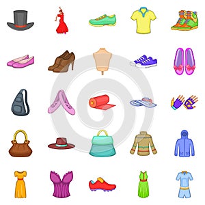 Stylish clothes icons set, cartoon style