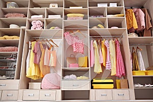 Stylish clothes, shoes and accessories in large wardrobe, below view