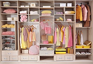 Stylish clothes, shoes and accessories in large closet photo