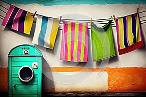 stylish clothesline with colorful and quirky laundry, against retro background