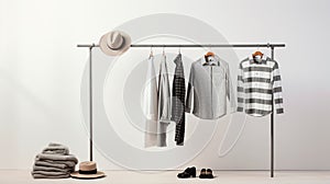 Stylish clothing on a metal clothes rack, on white background. Casual wear. Well organized minimalist wardrobe. Generative AI