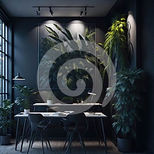 Stylish Coffee And Snack Place In Office Working Place, dark Colors, Lots of Plants, Time For Break, Table And Chairs, Generative