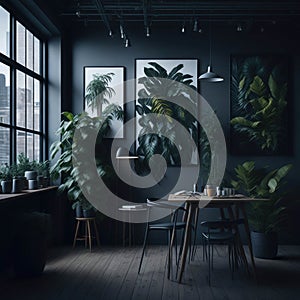 Stylish Coffee And Snack Place In Office Working Place, dark Colors, Lots of Plants, Time For Break, Table And Chairs, Generative