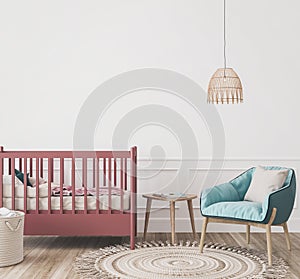 Stylish colorful baby room, modern bedroom for newborn baby with crib, Scandinavian style