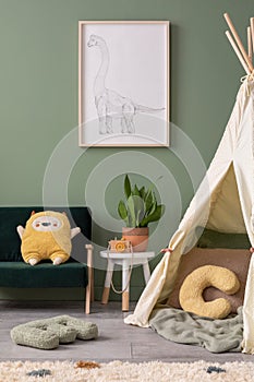 Stylish composition of cozy child room interior design with green wall with poster and green sofa. Stool with plant and