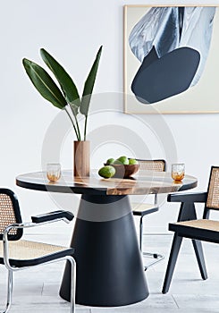 Stylish composition of dining room interior with design table, modern chairs, decoration, tropical leaf in vase, fruits.