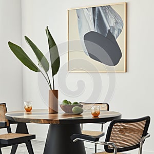 Stylish composition of dining room interior with design table, modern chairs, decoration, tropical leaf in vase, fruits.