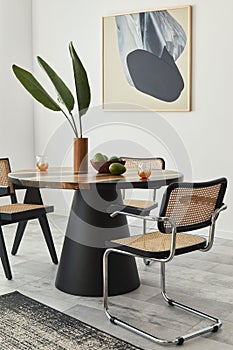 Stylish composition of dining room interior with design table, modern chairs, decoration, tropical leaf in vase, fruits, abstract.