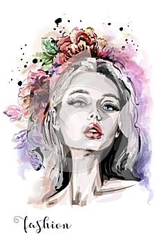 Stylish composition with hand drawn beautiful young woman portrait, flowers and watercolor blots. Fashion illustration.