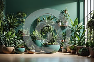 Stylish composition of home garden interior filled a lot of beautiful plants, cacti, succulents, air plant in different design pot