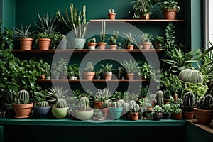 Stylish composition of home garden interior filled a lot of beautiful plants, cacti, succulents, air plant in different design pot