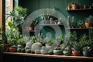 Stylish composition of home garden interior filled a lot of beautiful plants, cacti, succulents, air plant in different design pot