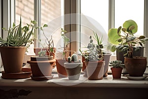 Stylish composition of home gardenlants, cacti, succulents, air plant in different design pots.