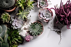 Stylish composition of home gardenlants, cacti, succulents, air plant in different design pots.