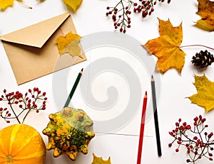 Stylish composition of letter, pumpkins, autumn leaves, berries. Top view on white background. Autumn flat lay