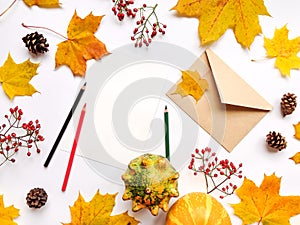 Stylish composition of letter, pumpkins, autumn leaves, berries. Top view on white background. Autumn flat lay