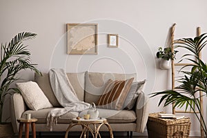 The stylish composition of living room interior with beige sofa with pillow, plaid, coffee table and personal accessories. beige