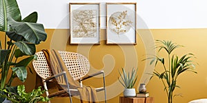 Stylish composition of living room interior with design rattan armchair, two mock up poster frames, plants, cube, plaid.