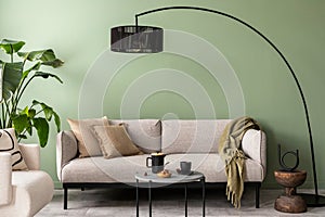 The stylish composition at living room interior with green wall, design gray sofa, coffee table, dark lamp and elegant personal