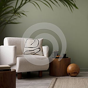 Stylish composition of living room interior with green wall, grey sofa with brown pillow. White armchair with patterned pilow,