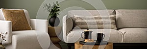 Stylish composition of living room interior with green wall, grey sofa with pillow. White armchair with brown pilow, wooden coffe