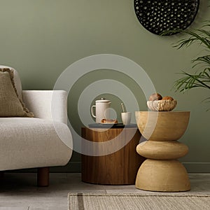 Stylish composition of living room interior with green wall, white armchair with beige pillow. Black ornament on wall. Wooden