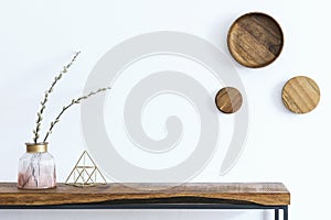 Stylish composition of living room interior with white wall, green plants in white hipster designed pots on the wooden.