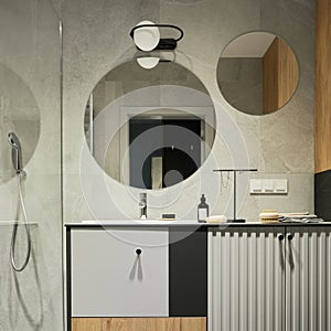 Stylish composition of modern bathroom interior. Designed shower, mixed wood commode, mirror and personal accessories.