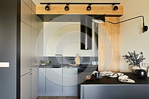 Stylish composition of modern small dining space interior. Black table, black and light wooden kitchen and dining accessories.