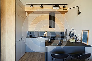 Stylish composition of modern small kitchen interior. Black furniture, workspace and dining space.