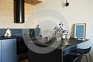 Stylish composition of modern small kitchen interior. Black furniture, workspace and dining space with black and light wooden.