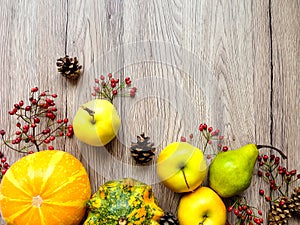 Stylish composition of pumpkins, autumn fruits and berries. Top