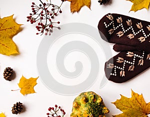 Stylish composition with pumpkins, mittens, autumn leaves, berries. Top view on white background. Autumn flat lay