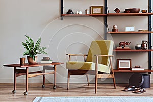 Stylish composition of retro living room interior with design armchair, wooden bookcase, coffee table, picture frames.