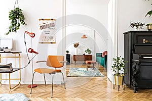 Stylish composition of retro living room with mock up poster frame, vintage furnitures, piano, decoration and personal accessories