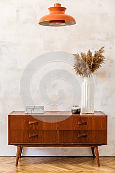 Stylish composition of retro living room with vintage cupboard, lamp, dried flowers in vase, decoration.