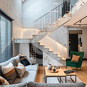 Stylish composition of stairs in living room interior. Grey sofa, green velvet armchair, coffee table and minimalist personal