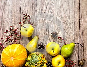 Stylish composition of vegetables, fruits, autumn berries. Top view on wooden background. Autumn flat lay