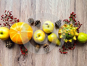 Stylish composition of vegetables, fruits, autumn berries. Top view on wooden background. Autumn flat lay