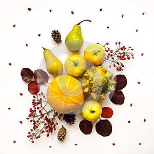 Stylish composition of vegetables, fruits, autumn leaves, berries. Top view on white background. Autumn flat lay