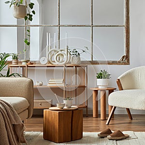 Stylish compositon of modern living room interior with frotte armchair, sofa, plants, wooden commode, side table and elegant home