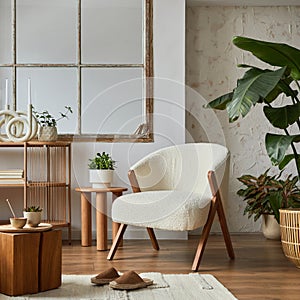 Stylish compositon of modern living room interior with frotte armchair, sofa, plants, wooden commode, side table and elegant home